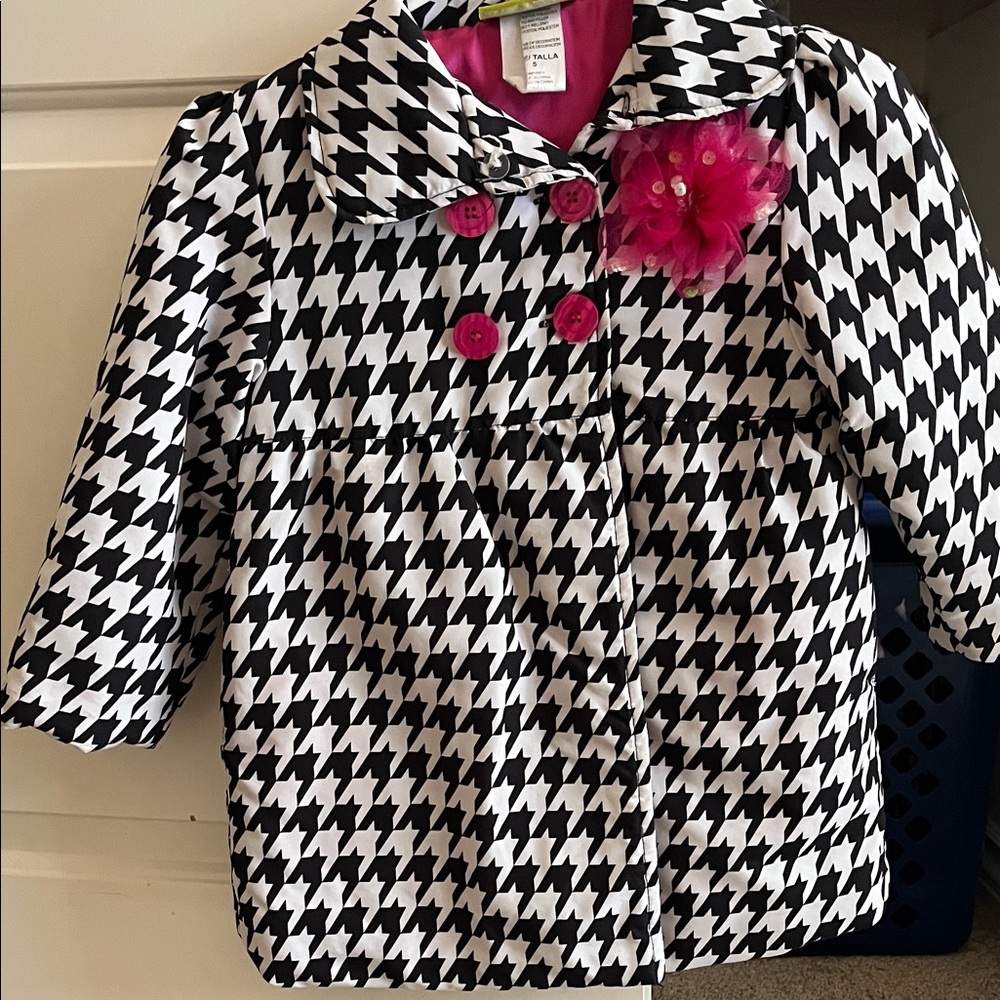 Penelope Mack Black and White Houndstooth Pea Coat with Pink Accents